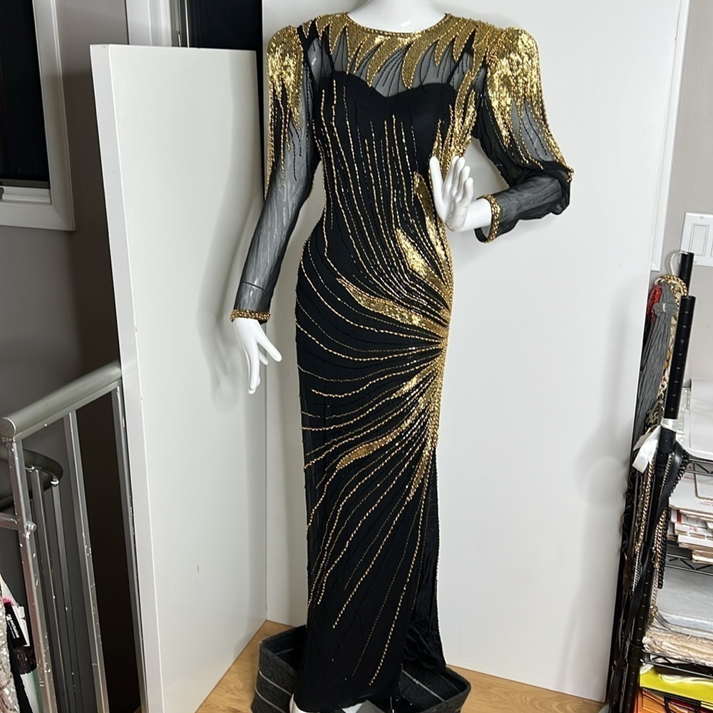 Nite Line Sz 10 Black Silk Gold Bugle Beaded Full Length Side Slit Dress Gown